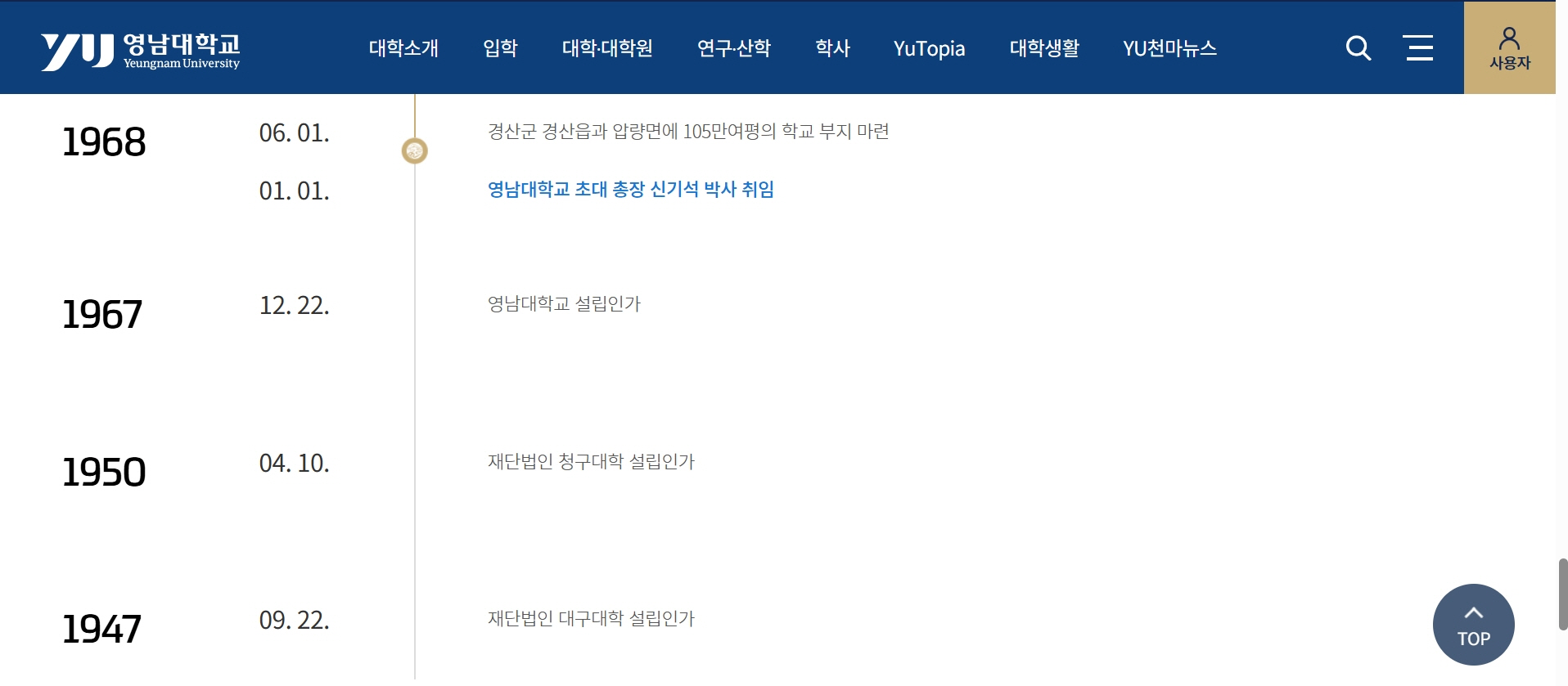 20년 동안 연혁이 사라진 영남대학교 홈페이지 연혁 소개. 2025년 4월 28일 현재.